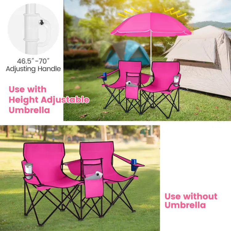 Double folding picnic chairs with detachable umbrella, cooler bag, and cup holders—perfect for outdoor activities like football and baseball season.