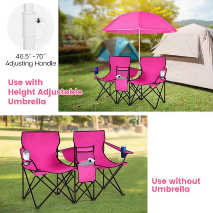 Double folding picnic chairs with detachable umbrella, cooler bag, and cup holders—perfect for outdoor activities like football and baseball season.