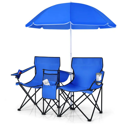 Double folding picnic chairs with detachable umbrella, cooler bag, and cup holders—perfect for outdoor activities like football and baseball season.