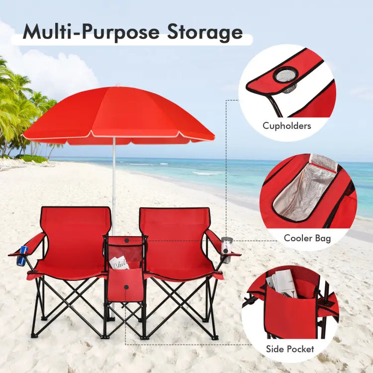 Double folding picnic chairs with detachable umbrella, cooler bag, and cup holders—perfect for outdoor activities like football and baseball season.