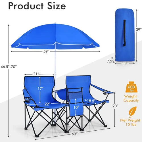 Double folding picnic chairs with detachable umbrella, cooler bag, and cup holders—perfect for outdoor activities like football and baseball season.
