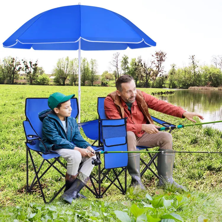 Double folding picnic chairs with detachable umbrella, cooler bag, and cup holders—perfect for outdoor activities like football and baseball season.