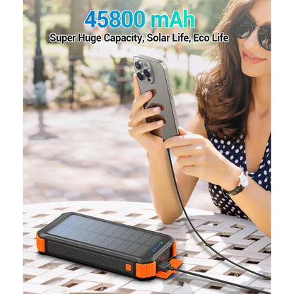 45800mAh Solar Power Bank with built-in 3 cables, USB-C, 5V3.1A QC 3.0 fast charging, compatible with iPhone, Samsung, Google, and more.