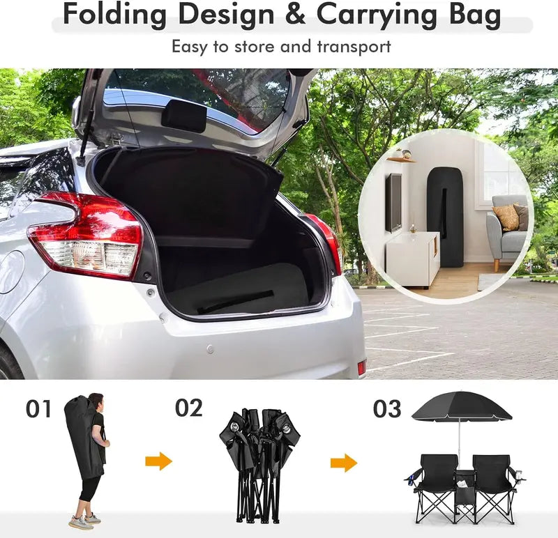 Double folding picnic chairs with detachable umbrella, cooler bag, and cup holders—perfect for outdoor activities like football and baseball season.