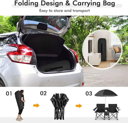 Double folding picnic chairs with detachable umbrella, cooler bag, and cup holders—perfect for outdoor activities like football and baseball season.
