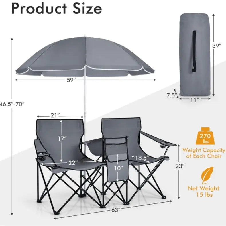 Double folding picnic chairs with detachable umbrella, cooler bag, and cup holders—perfect for outdoor activities like football and baseball season.