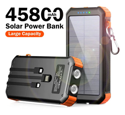 45800mAh Solar Power Bank with built-in 3 cables, USB-C, 5V3.1A QC 3.0 fast charging, compatible with iPhone, Samsung, Google, and more.