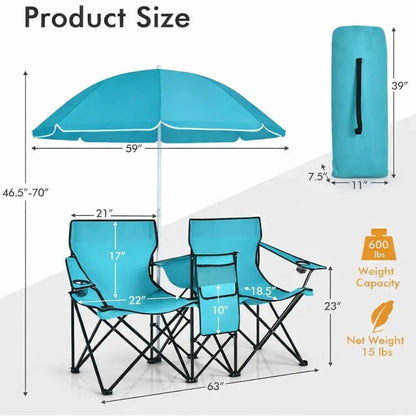 Double folding picnic chairs with detachable umbrella, cooler bag, and cup holders—perfect for outdoor activities like football and baseball season.