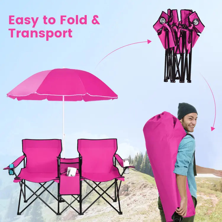 Double folding picnic chairs with detachable umbrella, cooler bag, and cup holders—perfect for outdoor activities like football and baseball season.