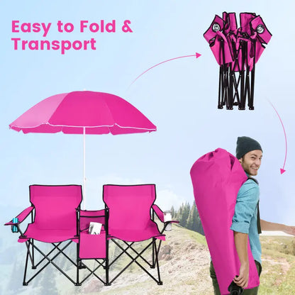 Double folding picnic chairs with detachable umbrella, cooler bag, and cup holders—perfect for outdoor activities like football and baseball season.