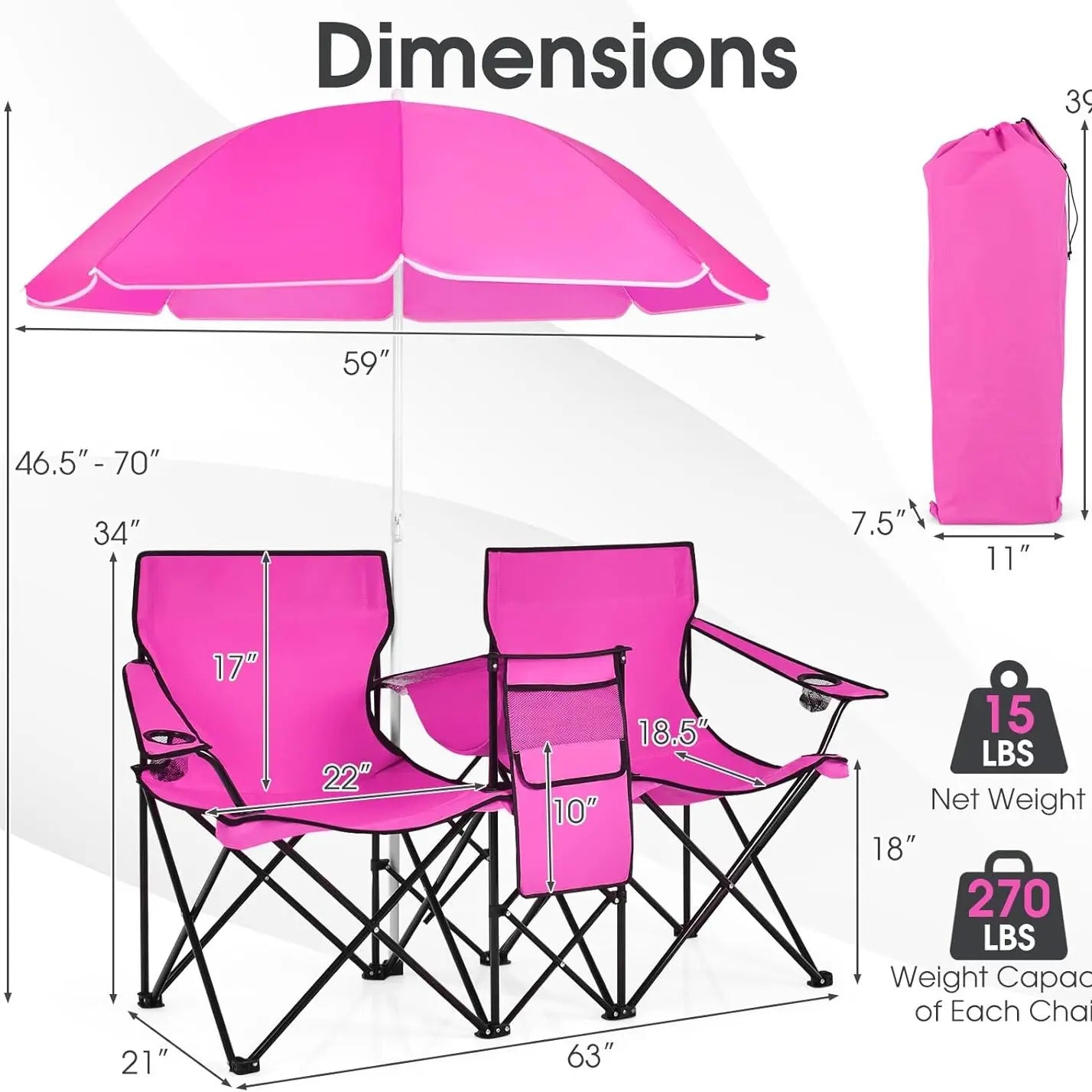 Double folding picnic chairs with detachable umbrella, cooler bag, and cup holders—perfect for outdoor activities like football and baseball season.