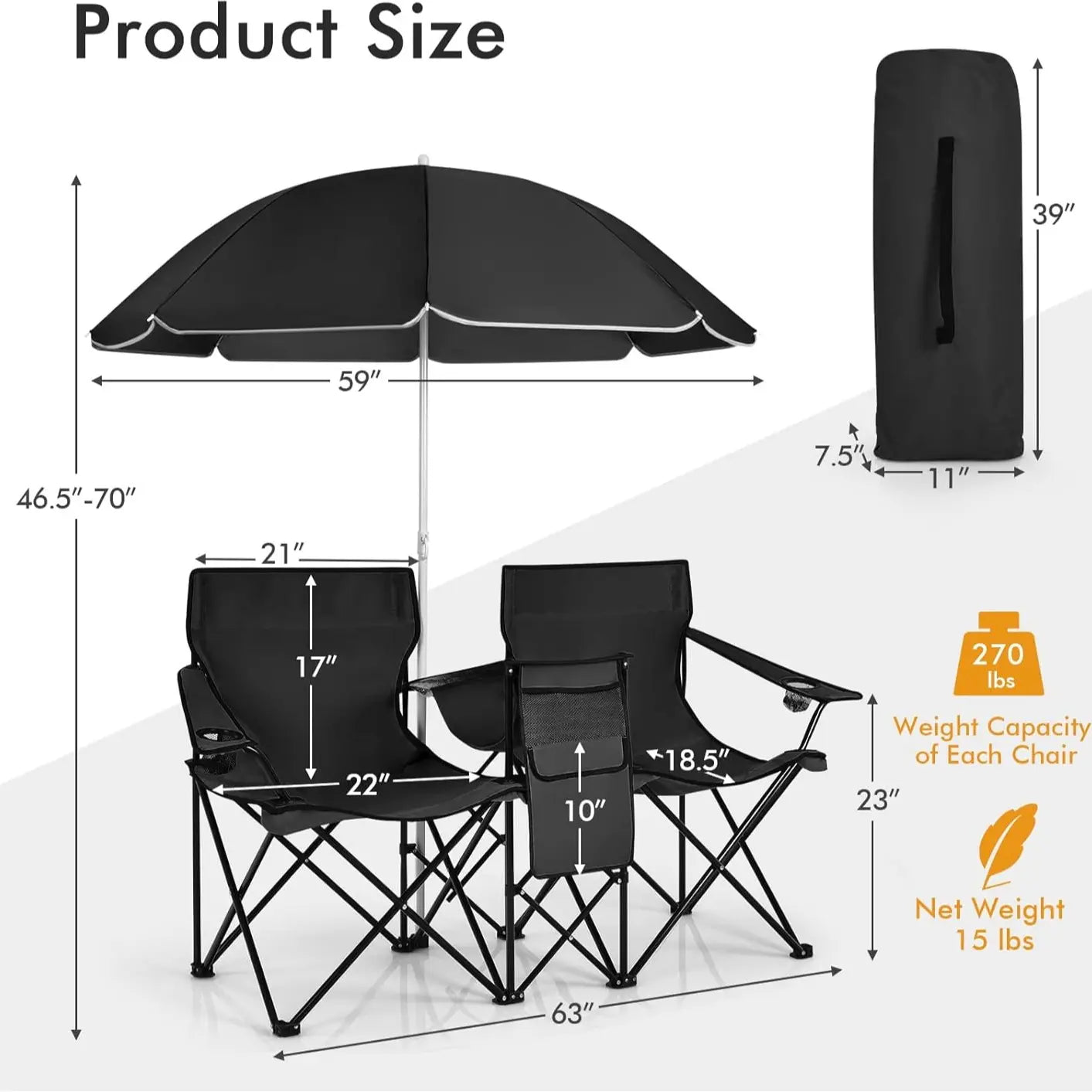Double folding picnic chairs with detachable umbrella, cooler bag, and cup holders—perfect for outdoor activities like football and baseball season.