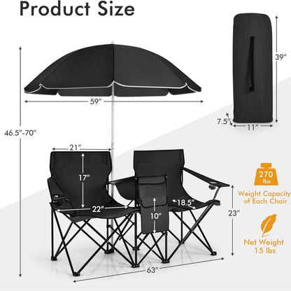 Double folding picnic chairs with detachable umbrella, cooler bag, and cup holders—perfect for outdoor activities like football and baseball season.