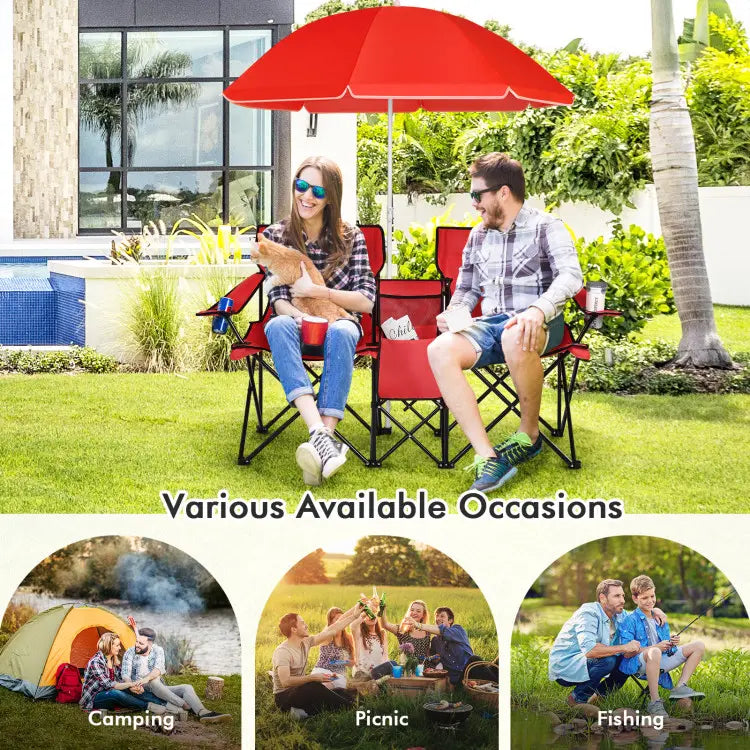 Double folding picnic chairs with detachable umbrella, cooler bag, and cup holders—perfect for outdoor activities like football and baseball season.