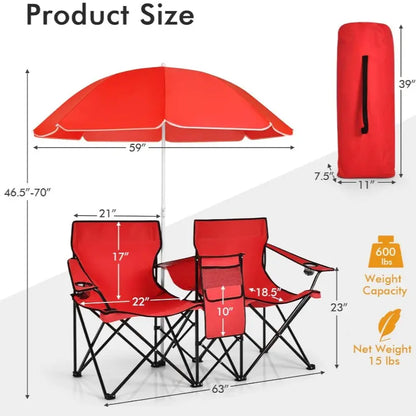 Double folding picnic chairs with detachable umbrella, cooler bag, and cup holders—perfect for outdoor activities like football and baseball season.