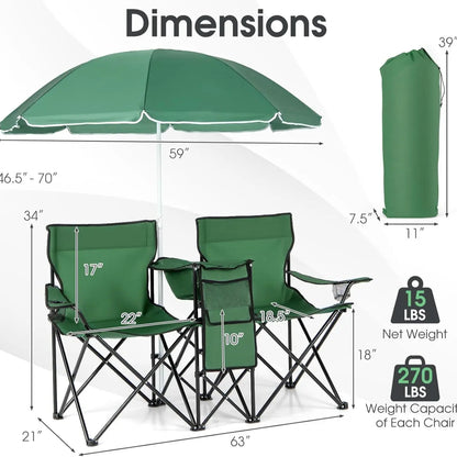 Double folding picnic chairs with detachable umbrella, cooler bag, and cup holders—perfect for outdoor activities like football and baseball season.